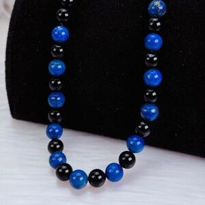 Vintage black Onyx, blue lapis gemstone, beaded necklace